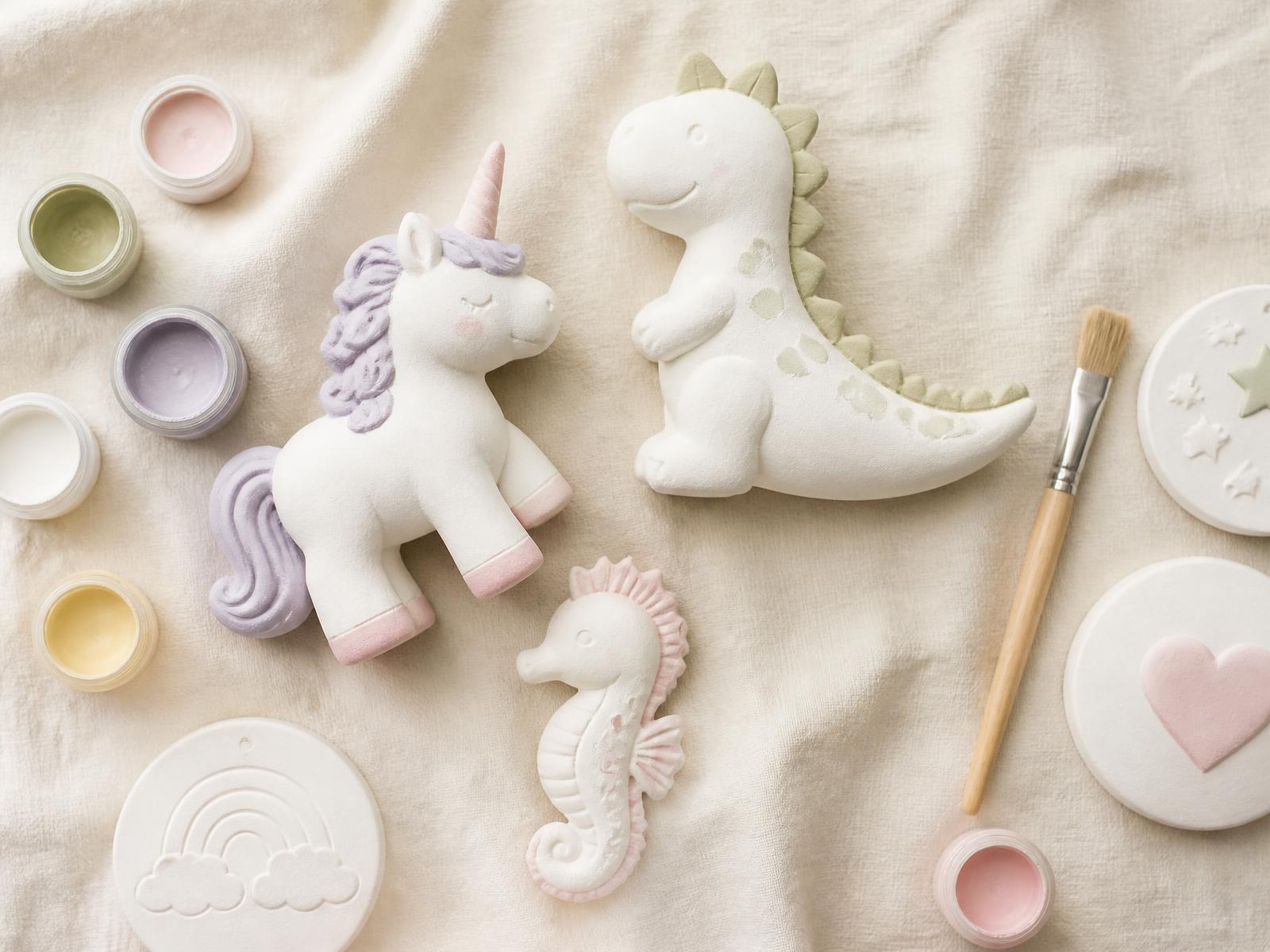 Hand-cast plaster paint-your-own kit with unicorn and shell figurines, paints and brush on ivory linen